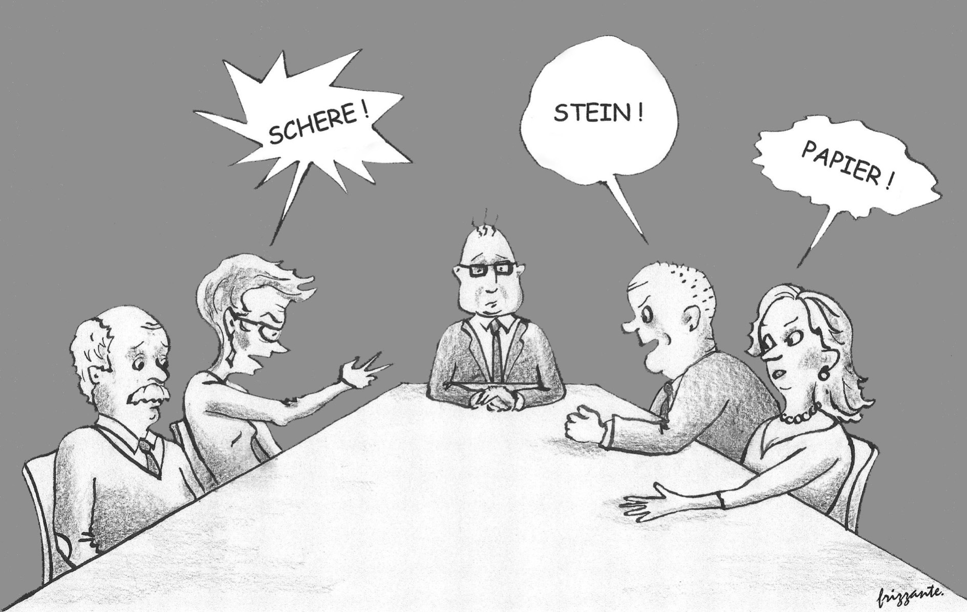 Cartoon zeigt Personen an Konferenztisch, die 'Schere, Stein, Papier' spielen.