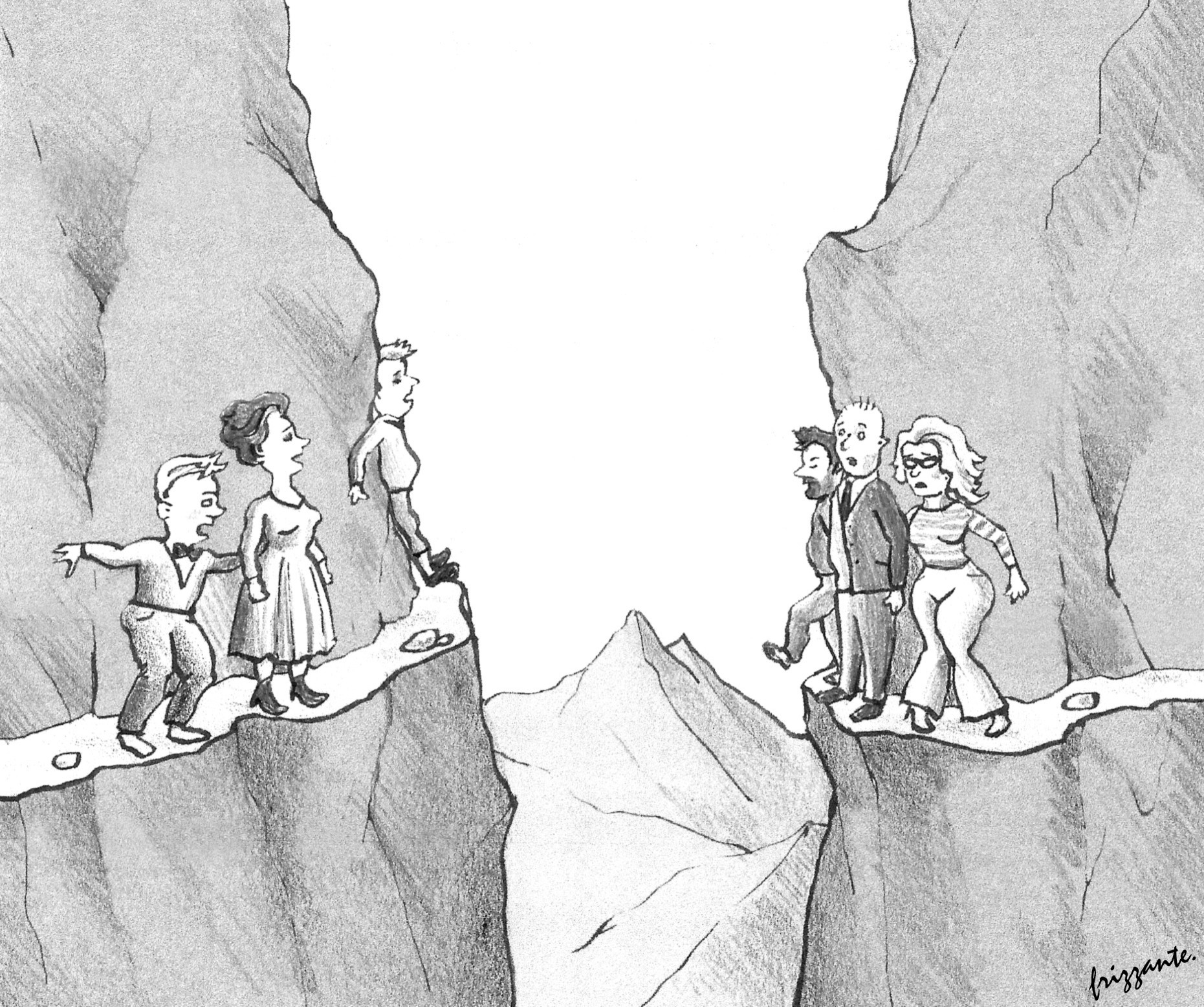 Cartoon zeigt mehrere Menschen an zwei gegenüberliegenden Felsenkanten balancierend